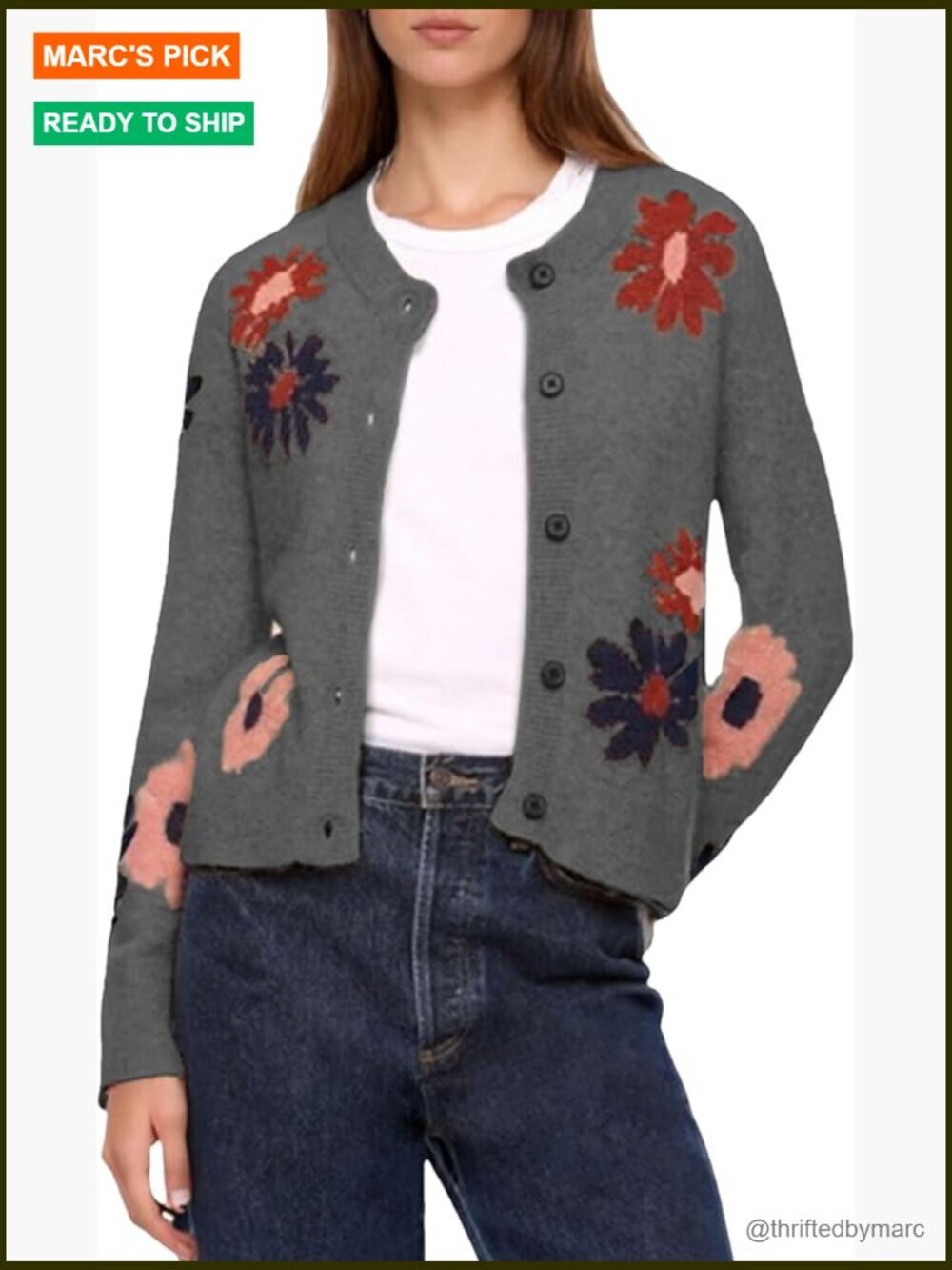 Cropped Button Down Cardigan Long Sleeve Crew Neck Knit Floral Print